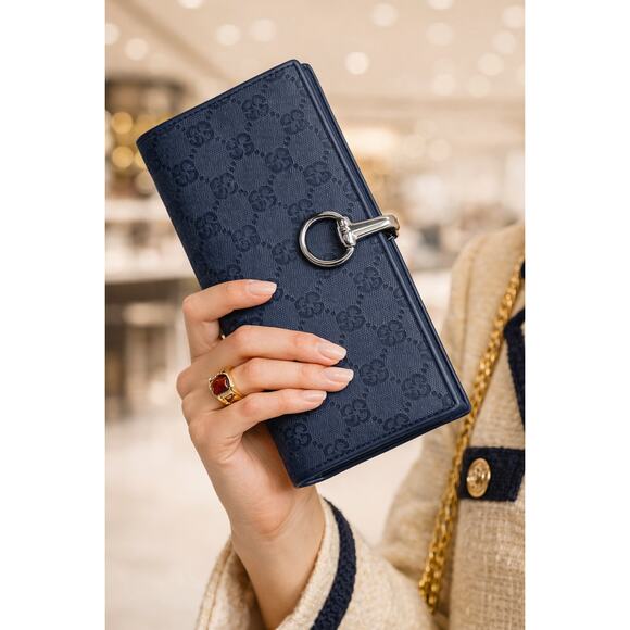 Authentic Gucci GG Canvas Long Wallet Silver Horsebit Leather Black Zip Interior - Picture 2 of 16